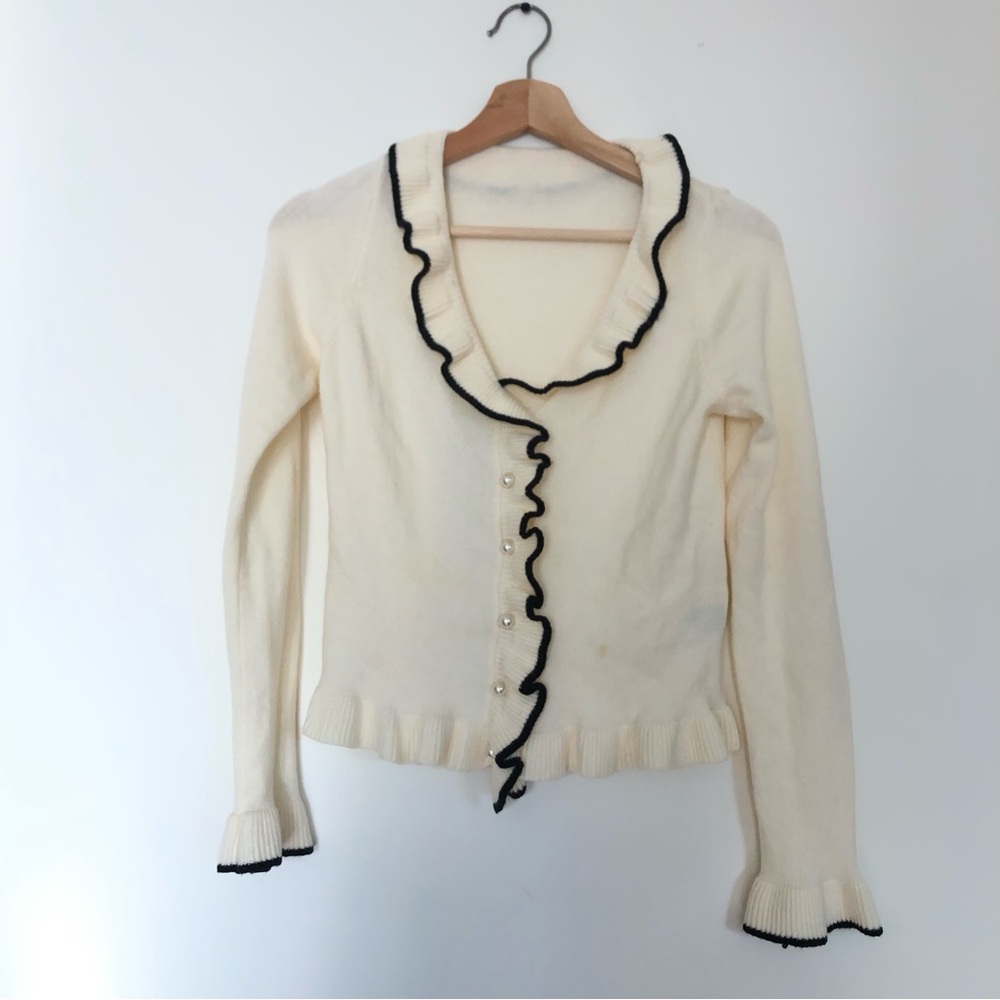 Cute Cream Sweater with Black Ruffle Accents